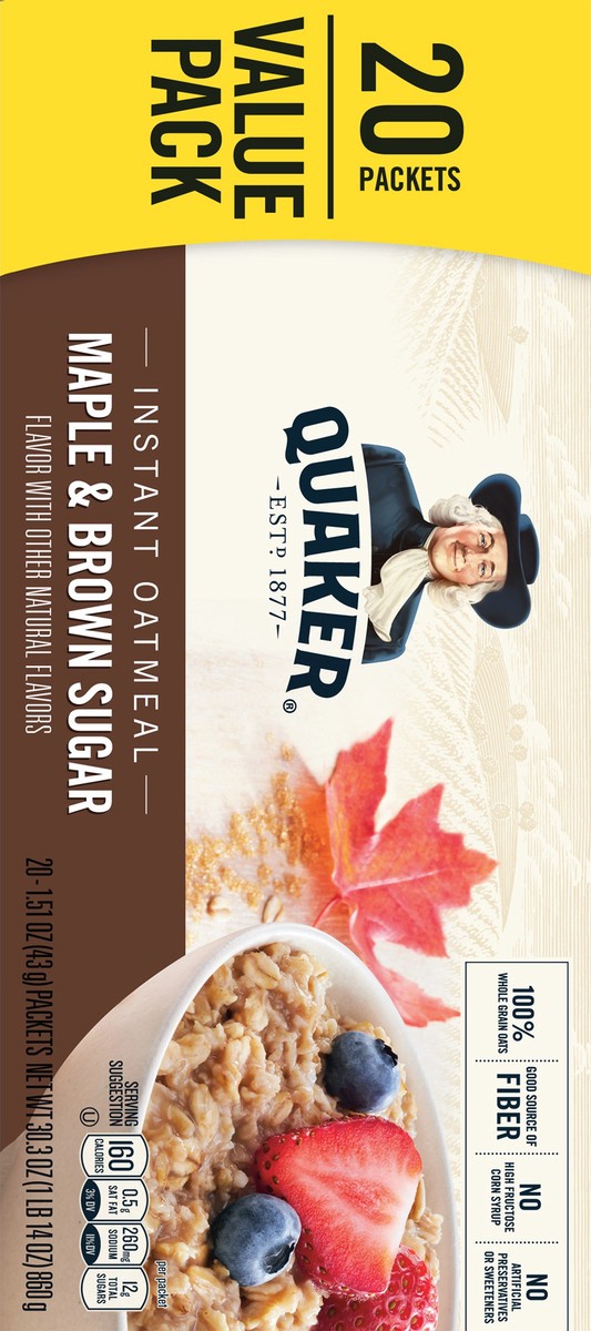 slide 5 of 7, Quaker Oatmeal, Instant, Maple & Brown Sugar, Value Pack, 20 ct