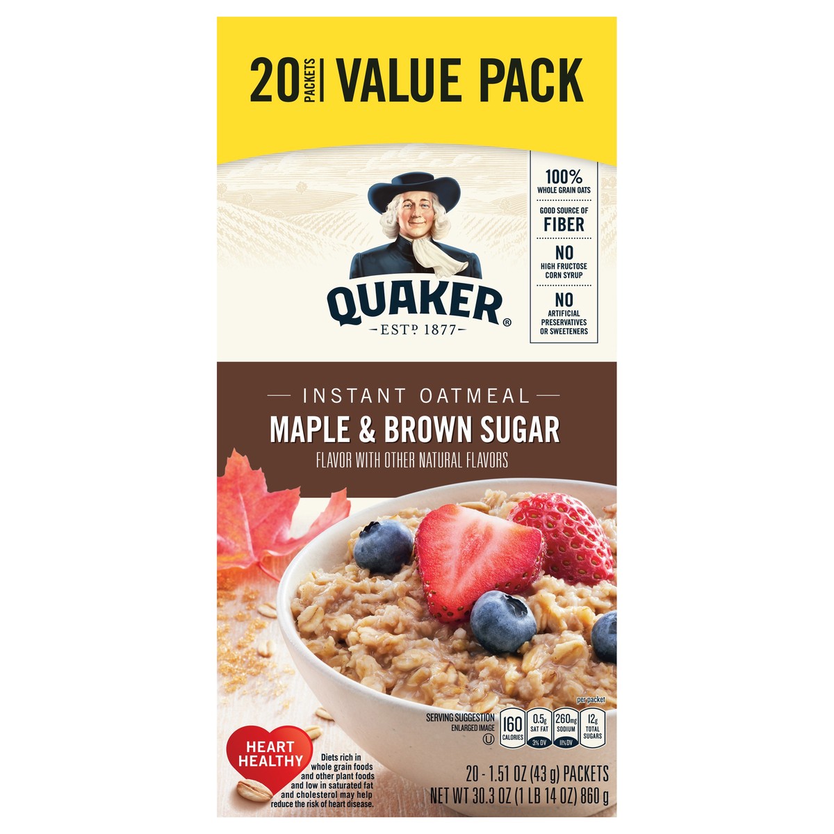 slide 1 of 7, Quaker Oatmeal, Instant, Maple & Brown Sugar, Value Pack, 20 ct