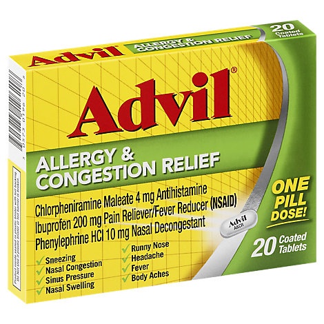 slide 1 of 1, Advil Allergy & Congestion Relief Tabs, 20 ct