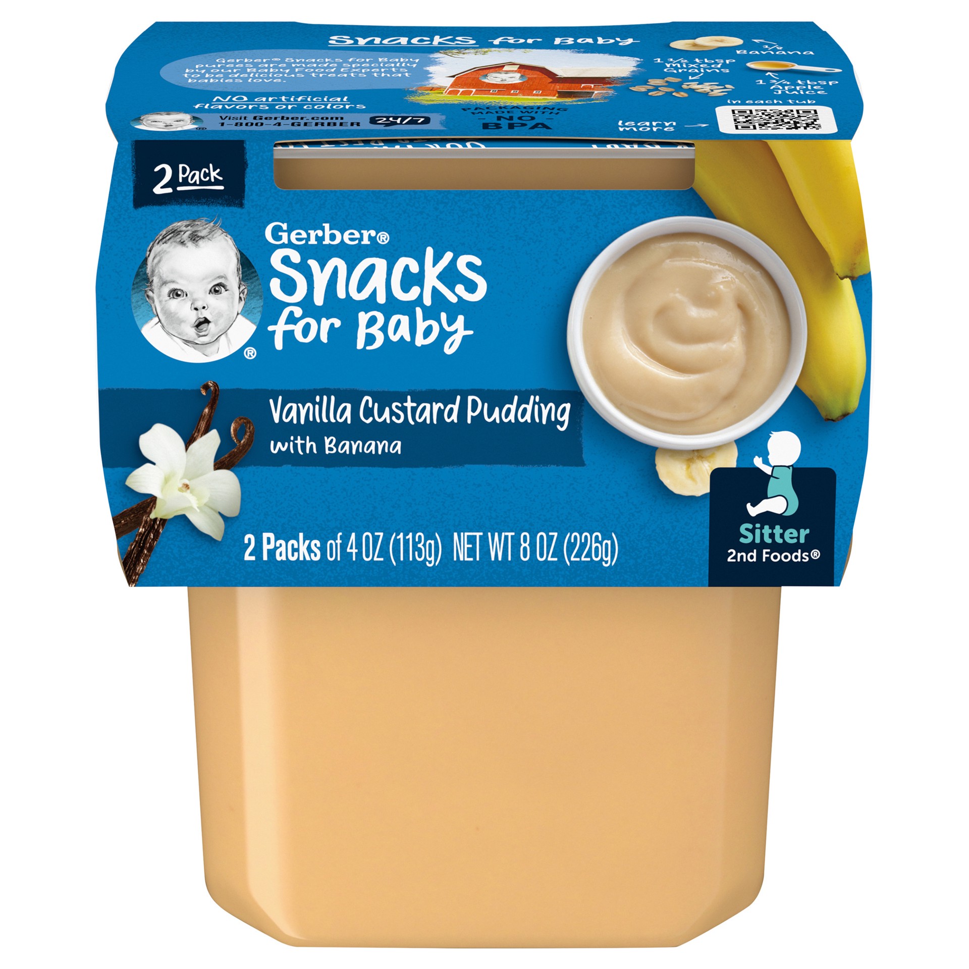 slide 1 of 12, Gerber Vanilla Custard Pudding W/Banana 2-Pack 3.54Oz Cups, 1 ct