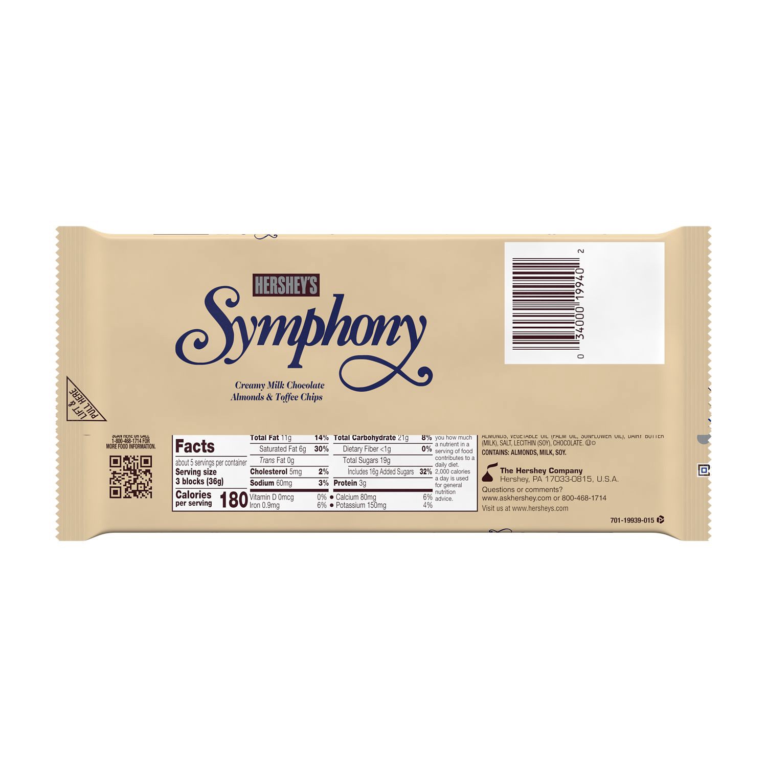 slide 2 of 7, Hershey's Symphony Milk Chocolate with Almond &Toffee Bar Almonds Toffee, 6.8 oz