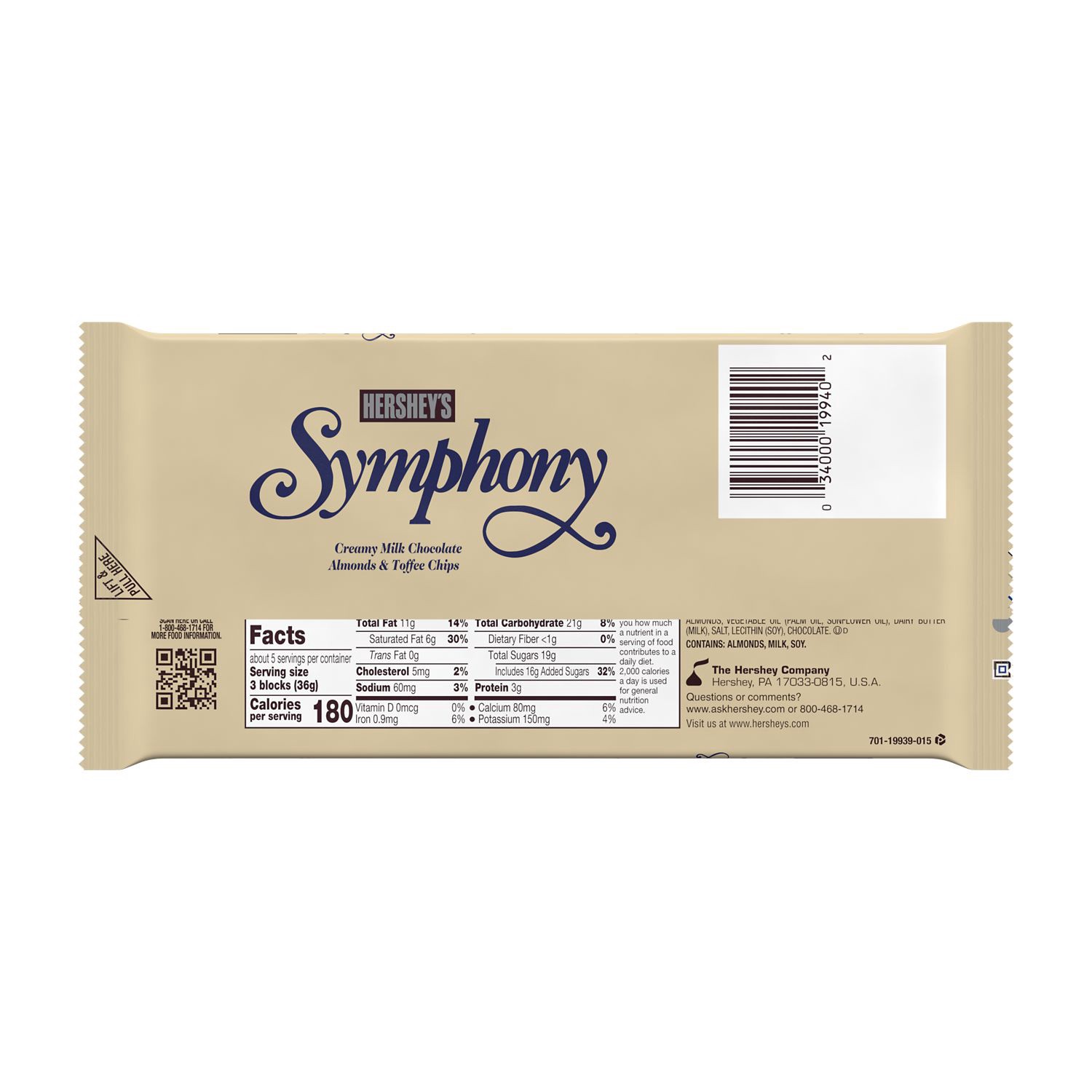 slide 3 of 7, Hershey's Symphony Milk Chocolate with Almond &Toffee Bar Almonds Toffee, 6.8 oz