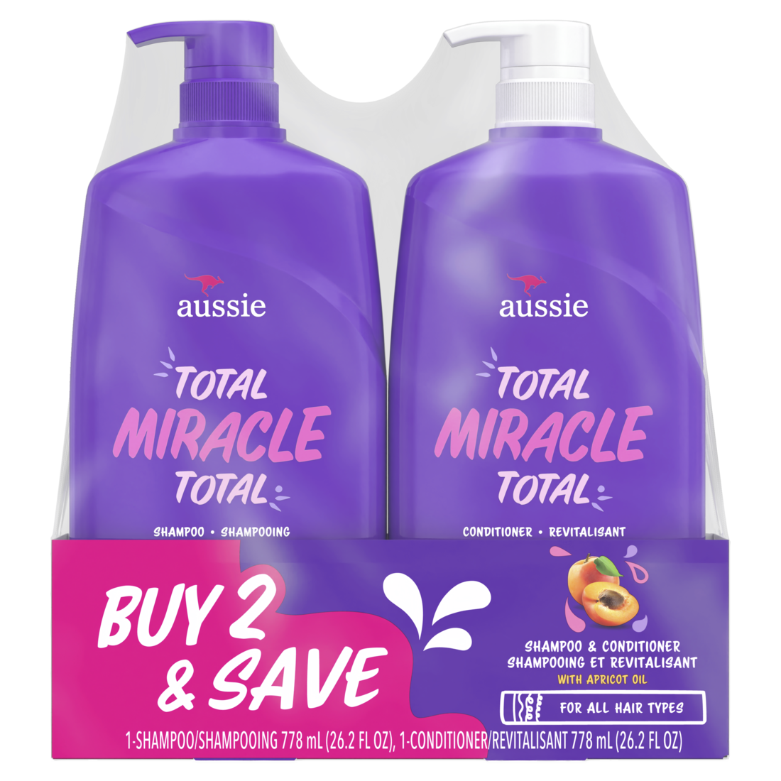 slide 1 of 2, Aussie Total Miracle with Apricot & Macadamia Oil, Paraben Free Shampoo and Conditioner Twin Pack, 1 ct