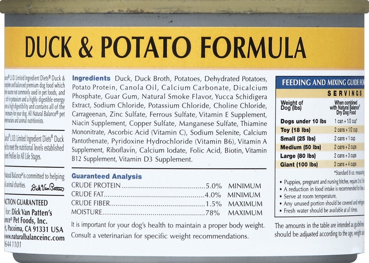 slide 5 of 6, Natural Balance L.I.D. Limited Ingredient Diets Duck & Potato Formula Wet Dog Food, 6-Ounce Can, 6 oz