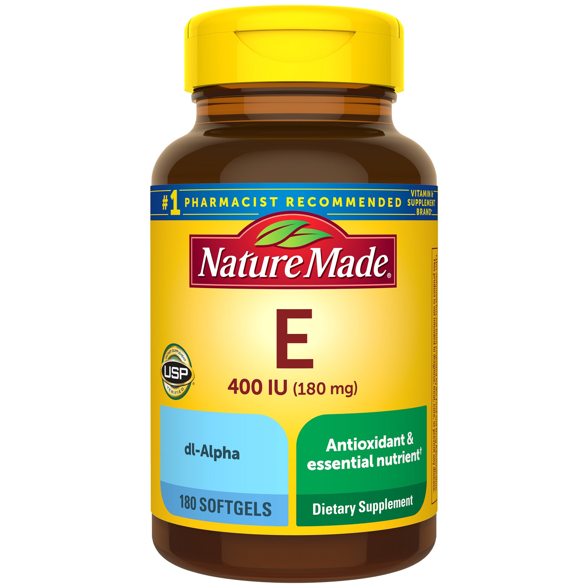 slide 1 of 7, Nature Made Vitamin E 180 mg (400 IU) dl-Alpha, Dietary Supplement for Antioxidant Support, 180 Softgels, 180 Day Supply, 180 ct