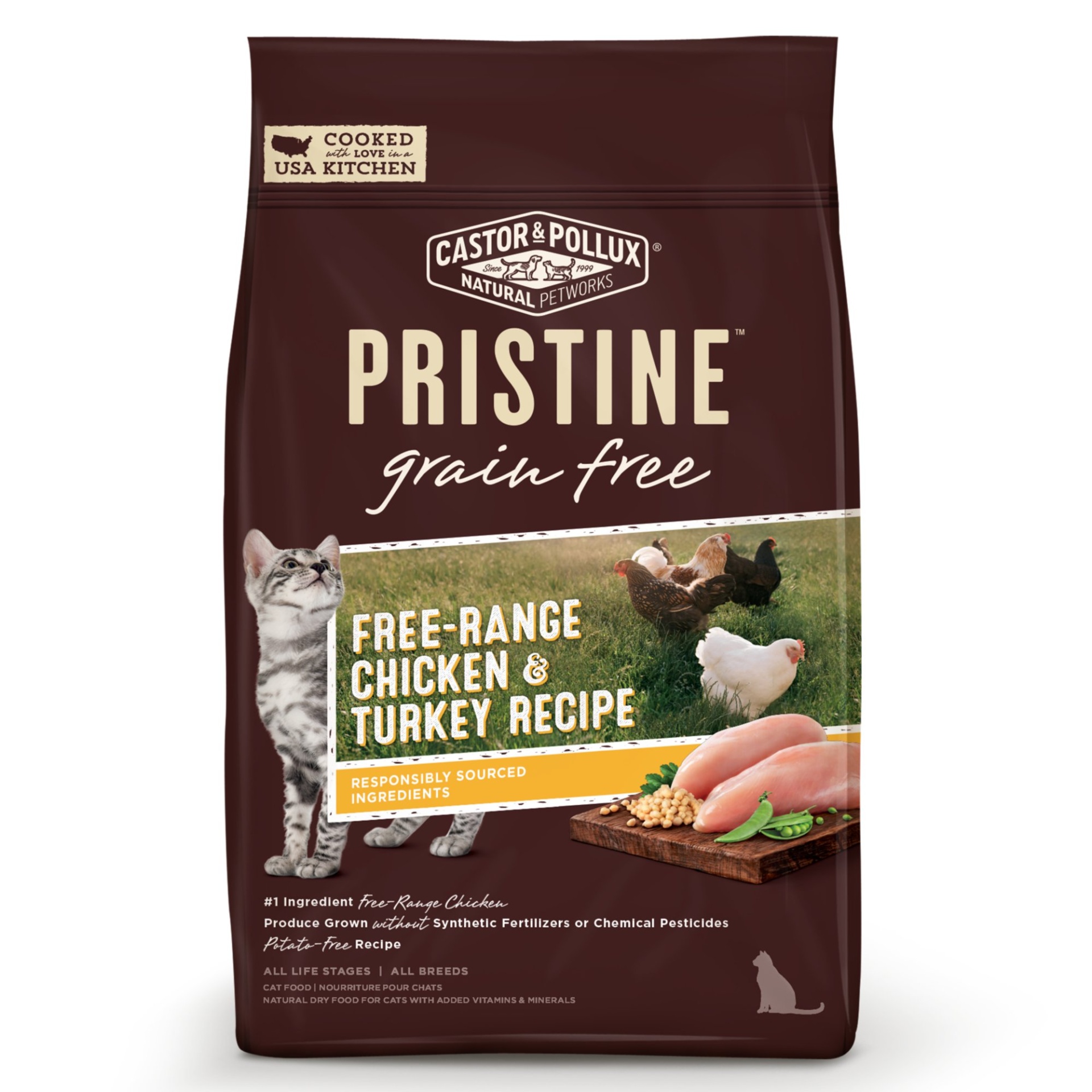 slide 1 of 1, Castor & Pollux Pristine Grain Free, Free-Range Chicken & Turkey Recipe Dry Cat Food, 10 lb