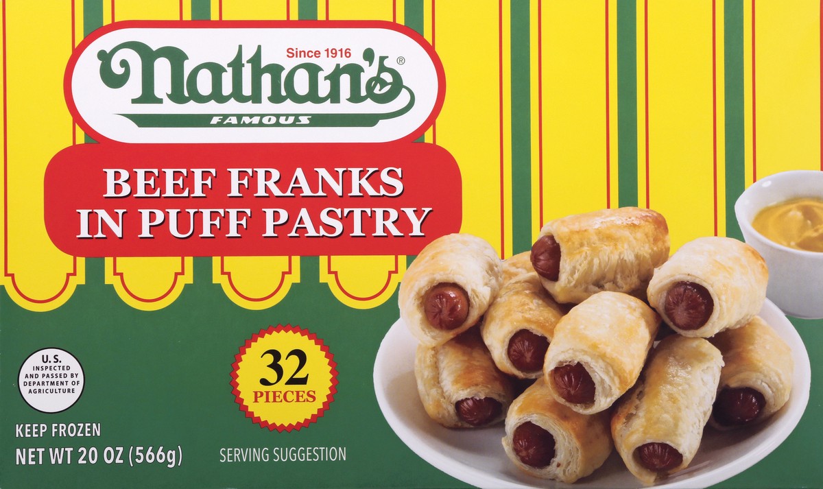 slide 12 of 12, Nathan's Famous In Puff Pastry Beef Franks 32 ea, 20 oz