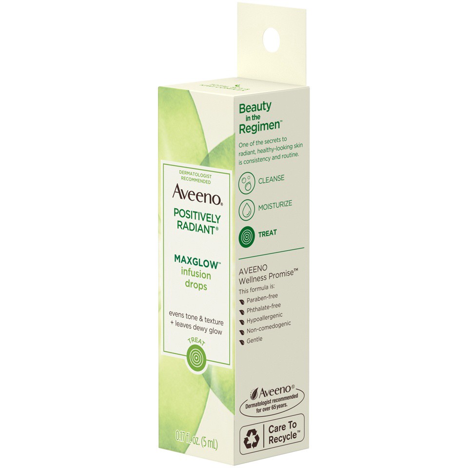 slide 3 of 6, Aveeno Positively Radiant MaxGlow Infusion Drops with Moisture Rich Soy & Kiwi Complex, Hypoallergenic, Non-Comedogenic, Paraben- & Phthalate-Free Moisturizing Facial Serum, 0.17 fl oz