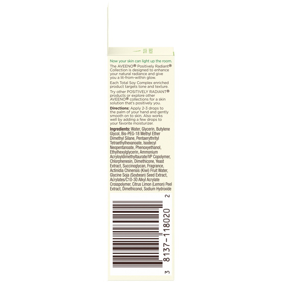 slide 4 of 6, Aveeno Positively Radiant MaxGlow Infusion Drops with Moisture Rich Soy & Kiwi Complex, Hypoallergenic, Non-Comedogenic, Paraben- & Phthalate-Free Moisturizing Facial Serum, 0.17 fl oz