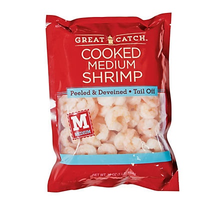 slide 1 of 1, Great Catch Medium Cooked Tail Off Peeled and Deveined Shrimp, 71-90 Count, 16 oz