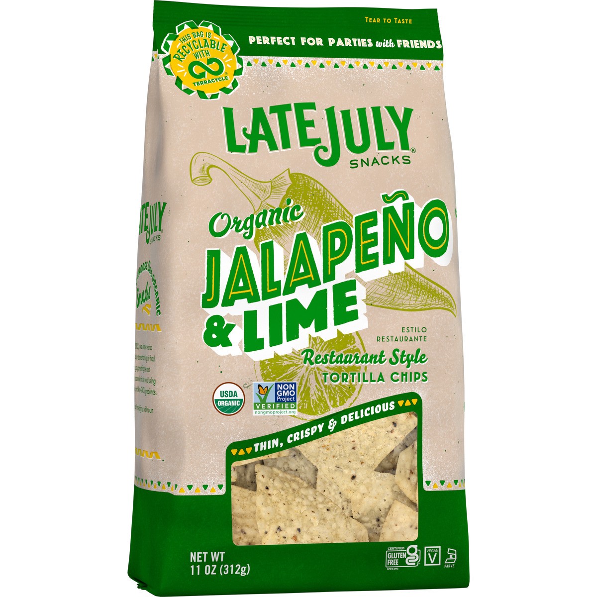 slide 6 of 9, LATE JULY Snacks Restaurant Style Jalapeno & Lime Tortilla Chips, 11 oz. Bag, 11 oz