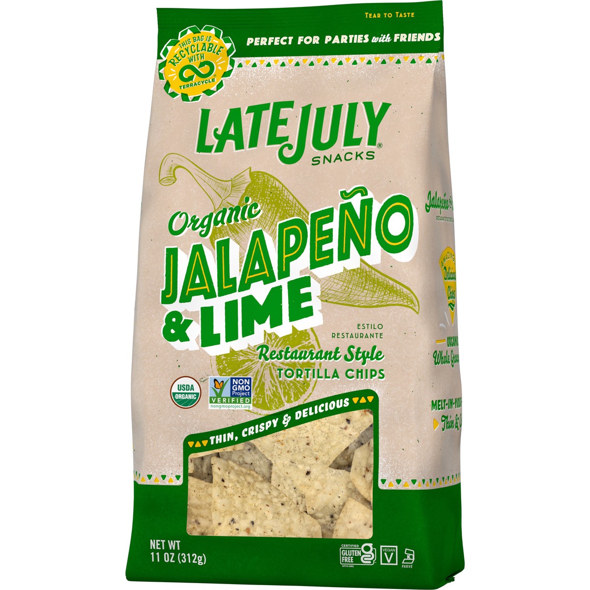 slide 5 of 9, LATE JULY Snacks Restaurant Style Jalapeno & Lime Tortilla Chips, 11 oz. Bag, 11 oz