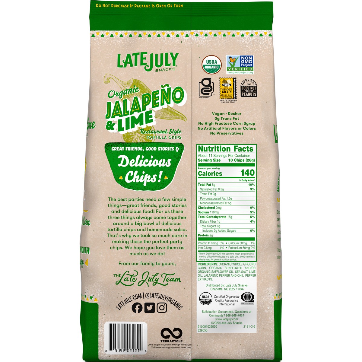 slide 7 of 9, LATE JULY Snacks Restaurant Style Jalapeno & Lime Tortilla Chips, 11 oz. Bag, 11 oz