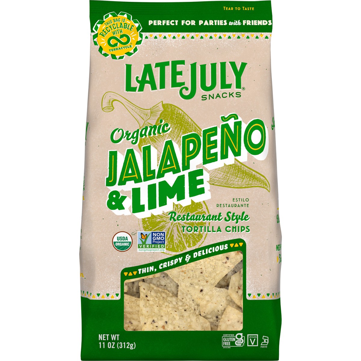 slide 4 of 9, LATE JULY Snacks Restaurant Style Jalapeno & Lime Tortilla Chips, 11 oz. Bag, 11 oz