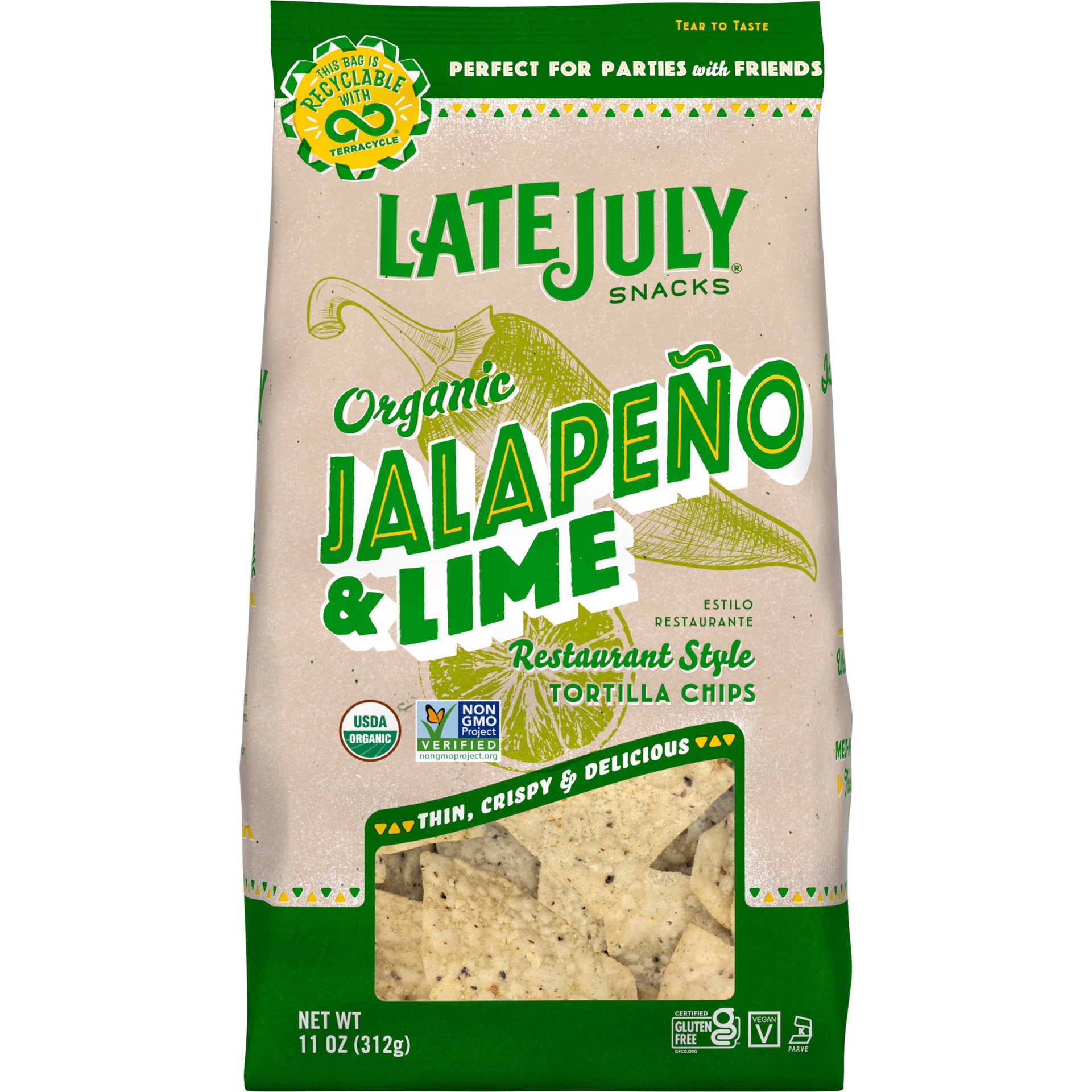 slide 1 of 9, LATE JULY Snacks Restaurant Style Jalapeno & Lime Tortilla Chips, 11 oz. Bag, 11 oz