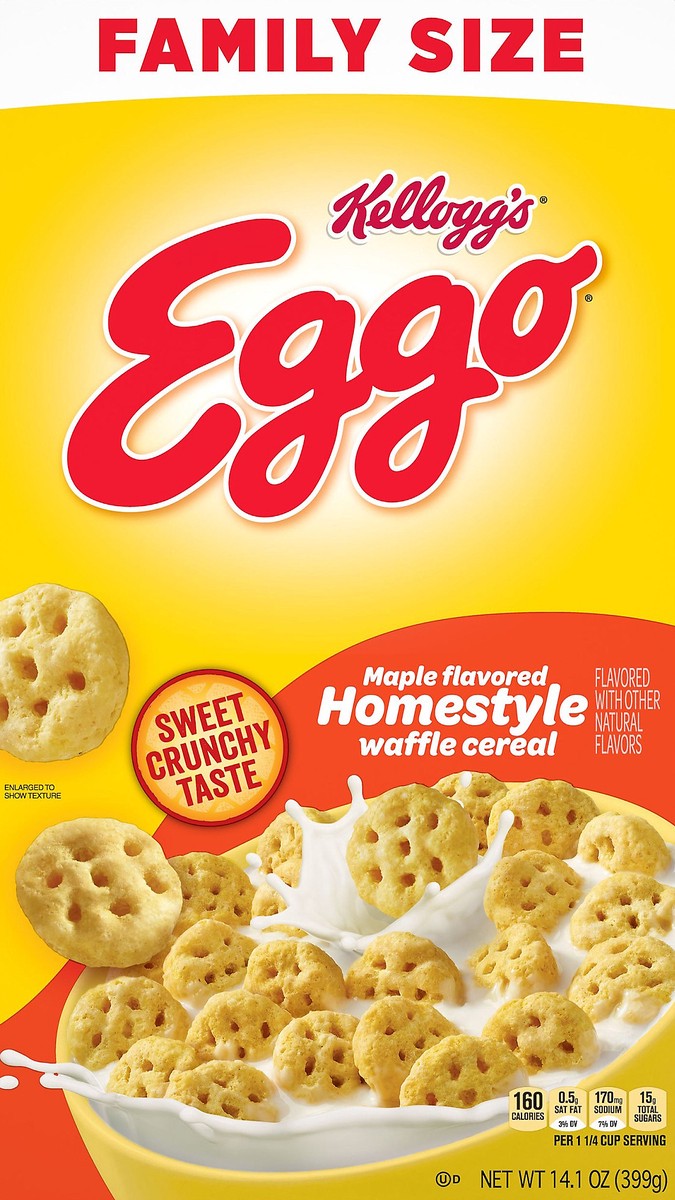 slide 3 of 10, Eggo Kellogg's Eggo, Breakfast Cereal, Maple Flavored Homestyle Waffle, Good Source of 8 Vitamins and Minerals, Family Size, 14.1oz Box, 14.1 oz