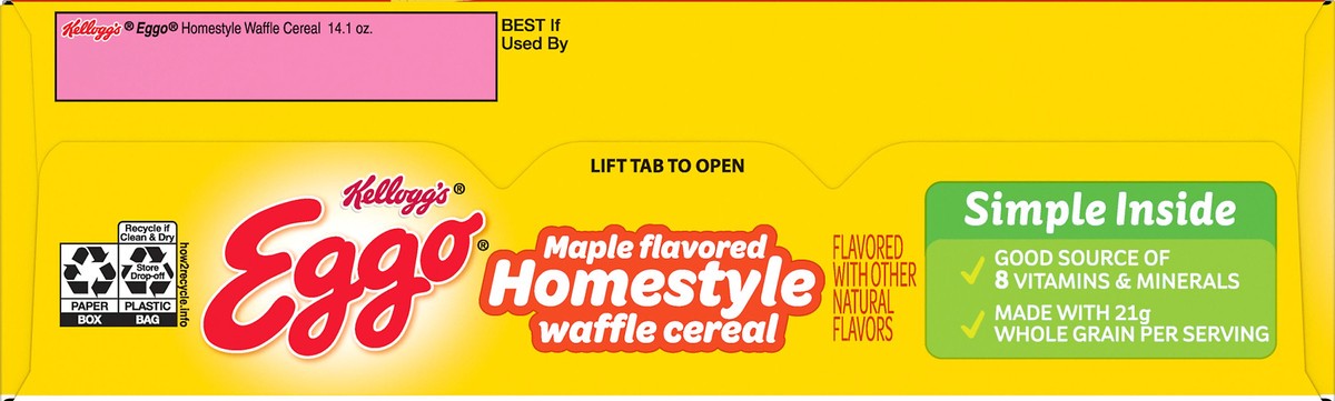 slide 5 of 10, Eggo Kellogg's Eggo, Breakfast Cereal, Maple Flavored Homestyle Waffle, Good Source of 8 Vitamins and Minerals, Family Size, 14.1oz Box, 14.1 oz