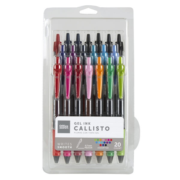 slide 1 of 9, Office Depot Brand Callisto Retractable Gel Ink Pens, Medium Point, 0.7 Mm, Visible Ink Supply, Assorted Fashion Ink Colors, Pack Of 20, 20 ct