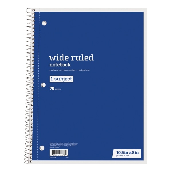 slide 1 of 1, Just Basics Spiral Notebook, 7-1/2'' X 10-1/2'', Wide Ruled, 140 Pages (70 Sheets), Blue, 70 ct