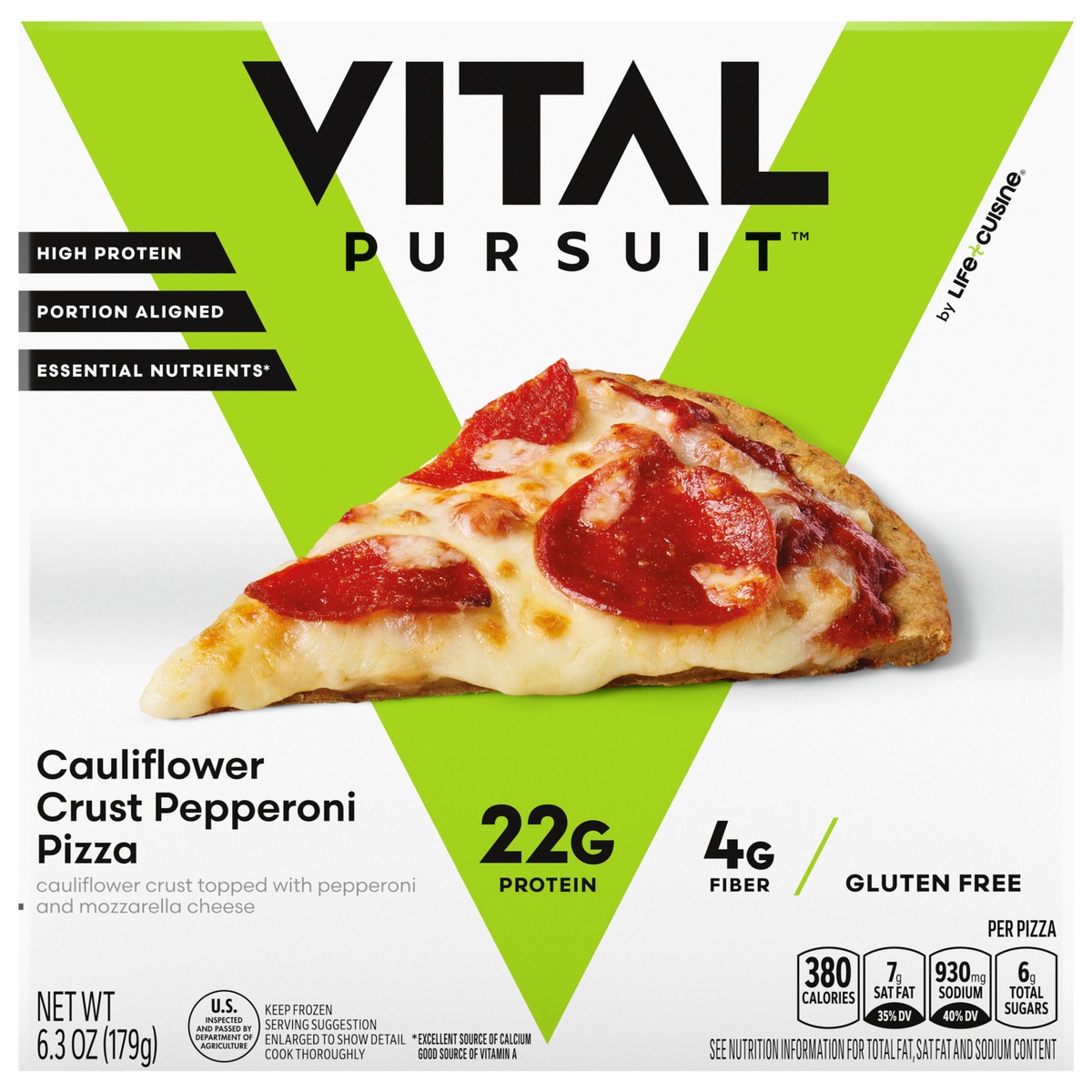slide 1 of 9, Vital Pursuit Cauliflower Crust Pepperoni Pizza, High Protein, GLP-1 Friendly, Gluten Free, Frozen Meal, 6.3 oz