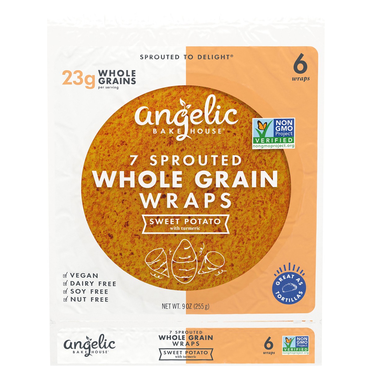 slide 1 of 9, Angelic Bakehouse 7-Sprouted Whole Grain Sweet Potato Wraps, 6 ct