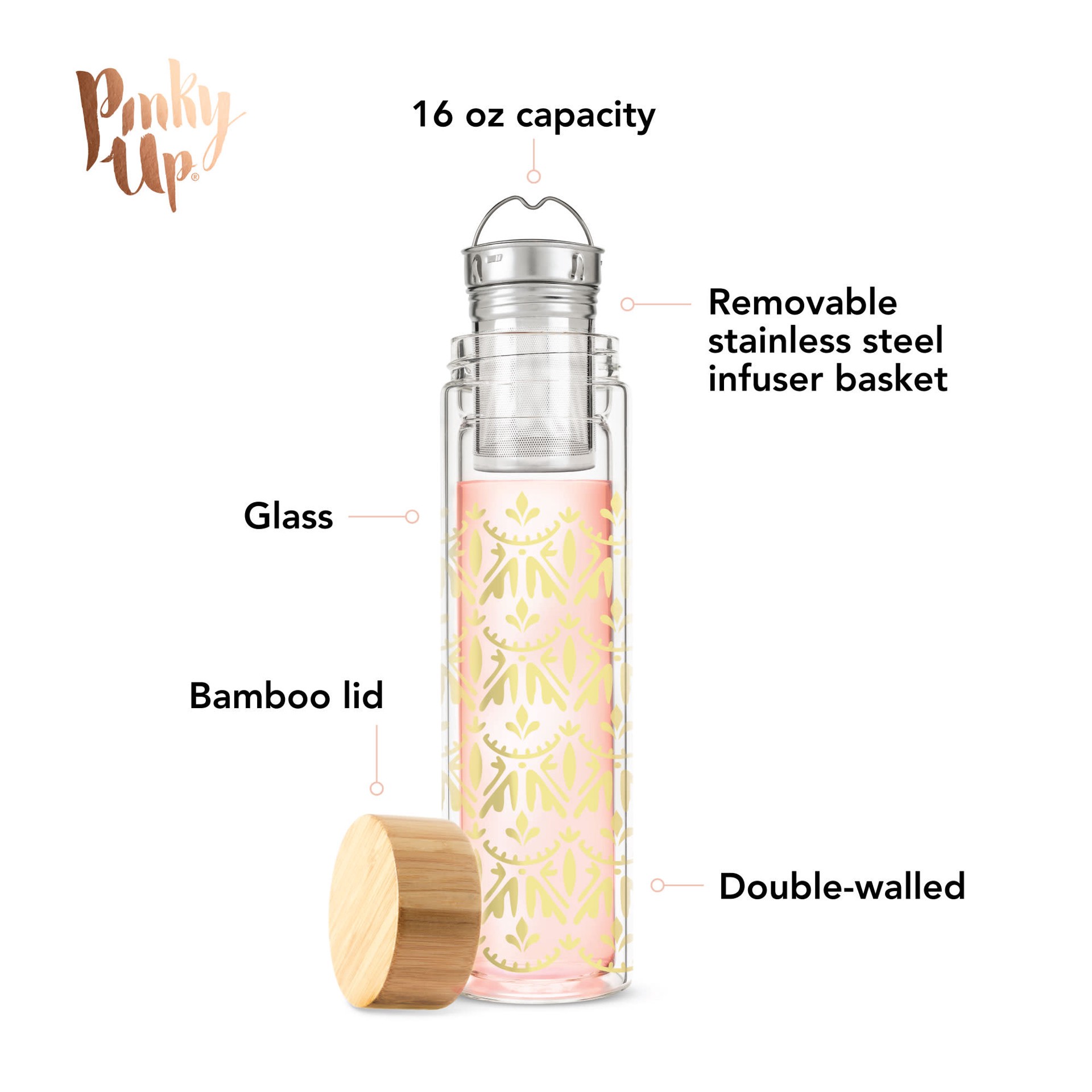 slide 3 of 5, Pinky Up Blair Travel Infuser Mug, Double-Walled Glass, Stainless Steel, 16 Oz, Casablanca Gold, 1 cnt