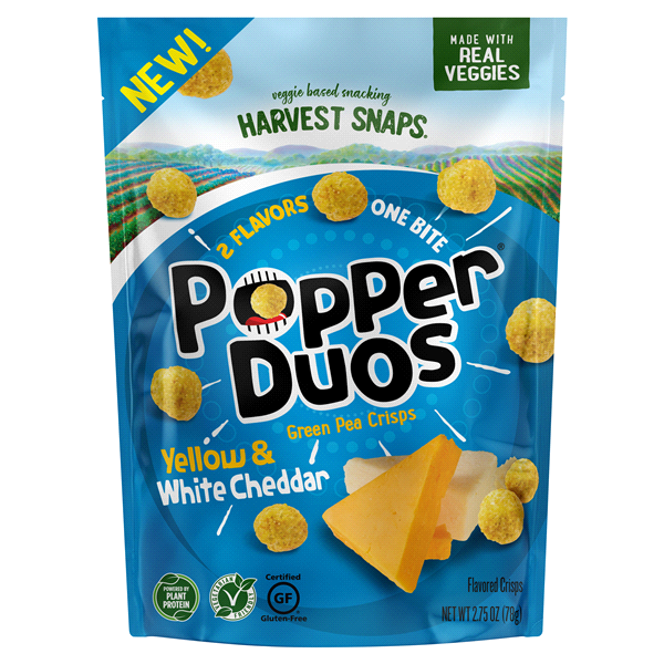 slide 1 of 1, Harvest Snaps Popper Duos Green Pea Crisps, Yellow & White Cheddar, 2.75 oz