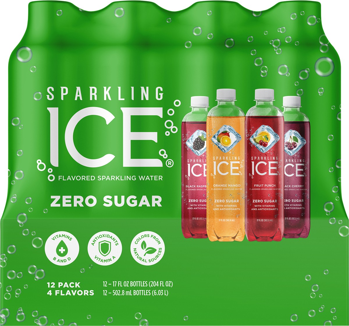 slide 7 of 8, Sparkling ICE Green Variety Pack - Black Raspberry, Orange Mango, Fruit Punch, Black Cherry, 12 ct; 17 fl oz