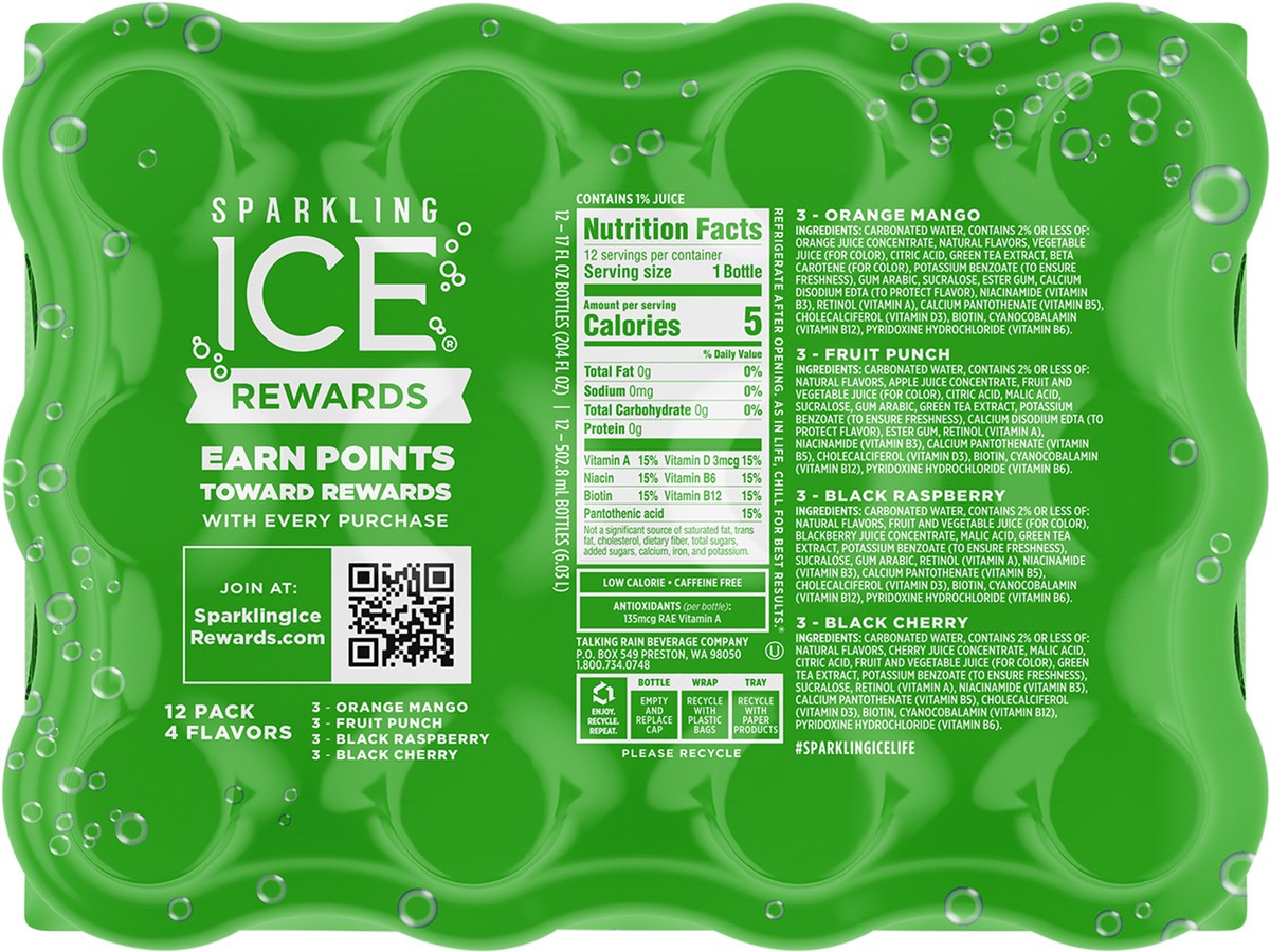 slide 4 of 8, Sparkling ICE Green Variety Pack - Black Raspberry, Orange Mango, Fruit Punch, Black Cherry, 12 ct; 17 fl oz