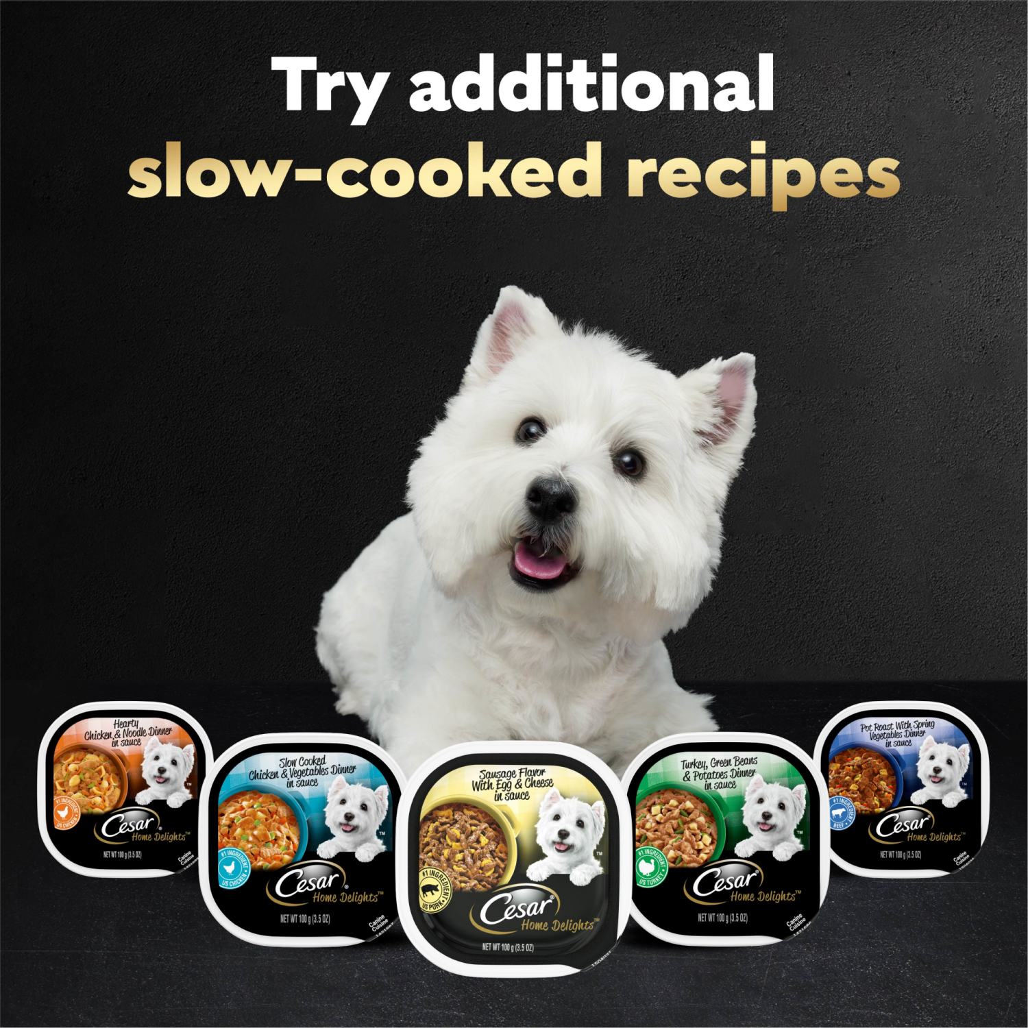 slide 5 of 8, CESAR HOME DELIGHTS Adult Soft Wet Dog Food Sausage Flavor with Egg and Cheese in Gravy, (24) 3.5 oz. Easy Peel Trays, 3.5 oz