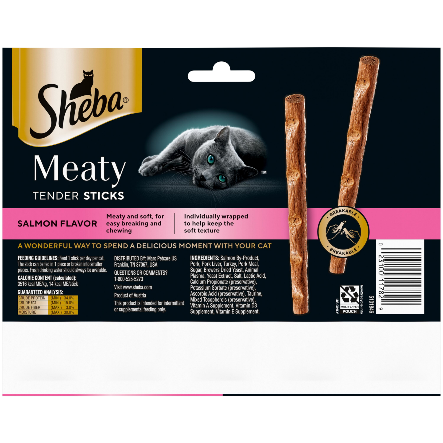 slide 6 of 8, Sheba Meaty Tender Stick Salmon Flavor Cat Treats 5 - 4 g Sticks, 5 ct