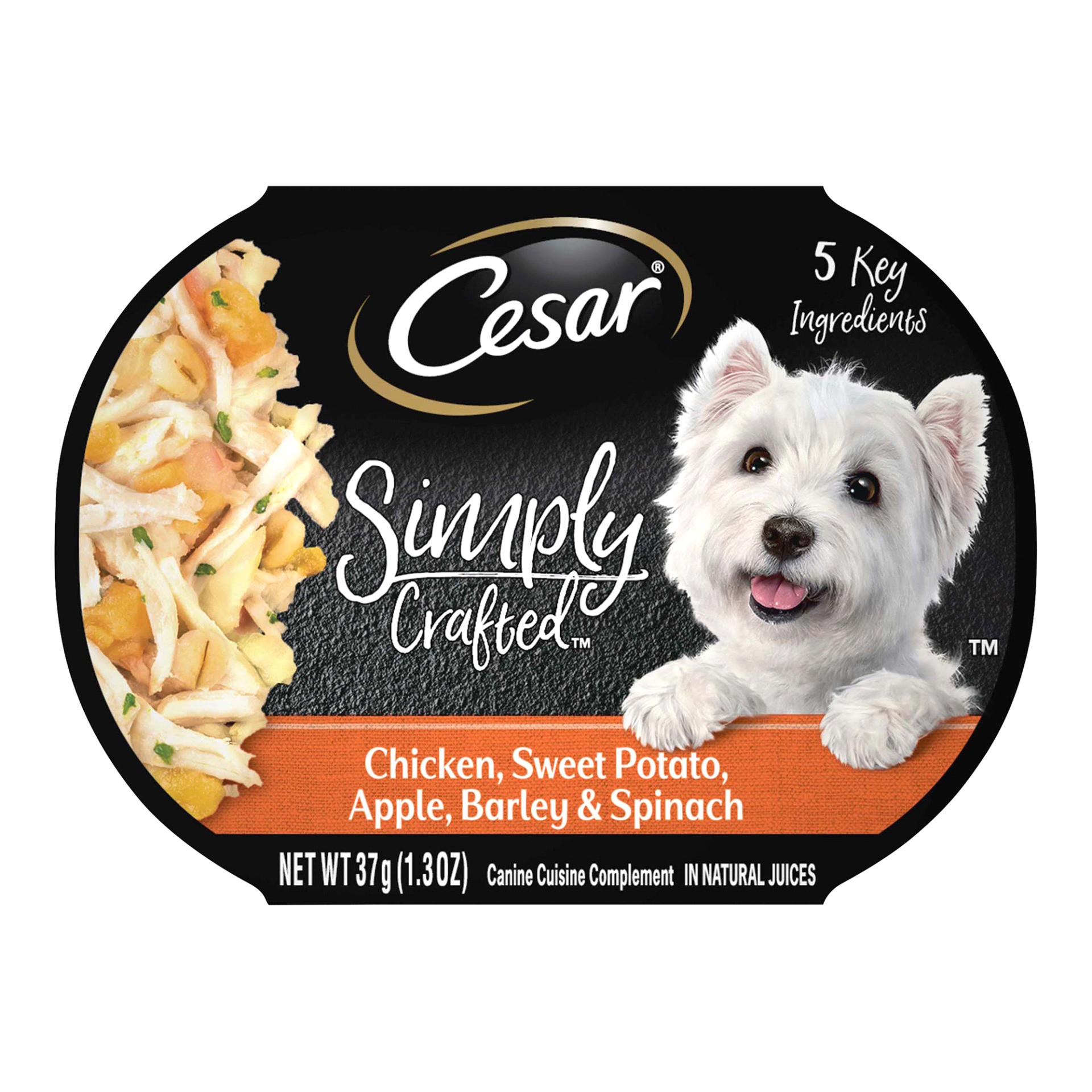 slide 1 of 1, CESAR Simply Crafted Adult Wet Dog Food Meal Topper, Chicken, Sweet Potato, Apple, Barley & Spinach, (10) 1.3 oz. Tubs, 1.3 oz