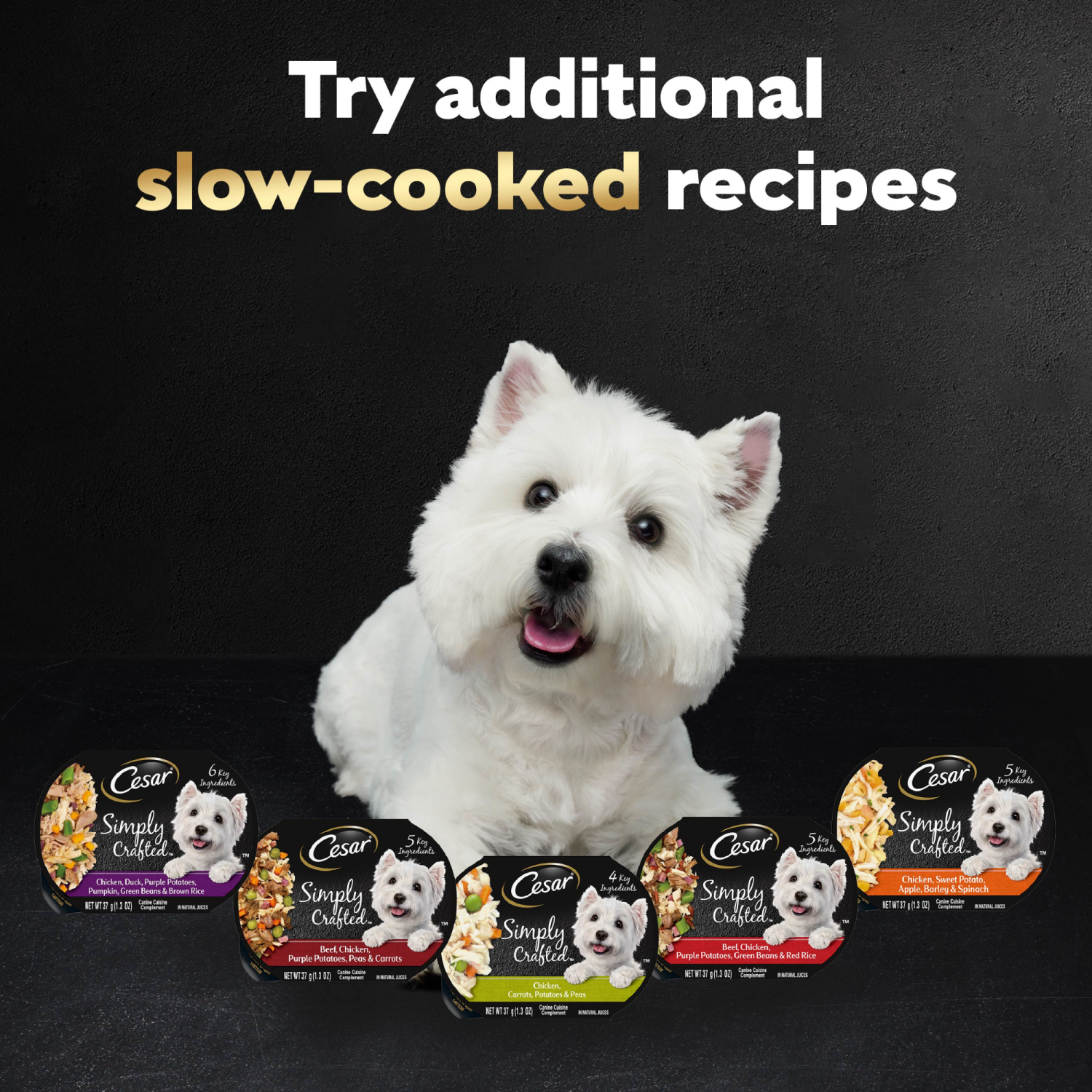 slide 5 of 8, Cesar Simply Crafted 2 Varieties In Natural Juice Canine Cuisine Complement 8 - 1.3 oz Tubs, 8 ct