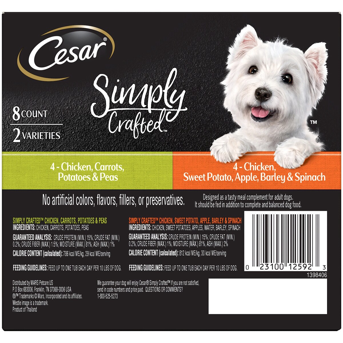 slide 3 of 3, CESAR Simply Crafted Adult Wet Dog Food Meal Topper Variety Pack\, Chicken\, Carrots\, Potatoes & Peas and Chicken\, Sweet Potato\, Apple\, Barley & Spinach\, (8) 1.3 oz. Tubs, 8 ct