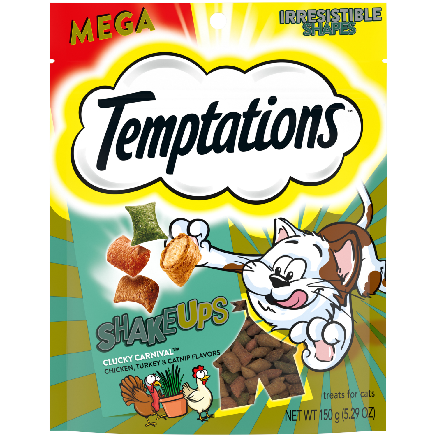 slide 1 of 8, Temptations ShakeUps Mega Clucky Carnival Treats for Cats Mega 5.29 oz, 5.29 oz