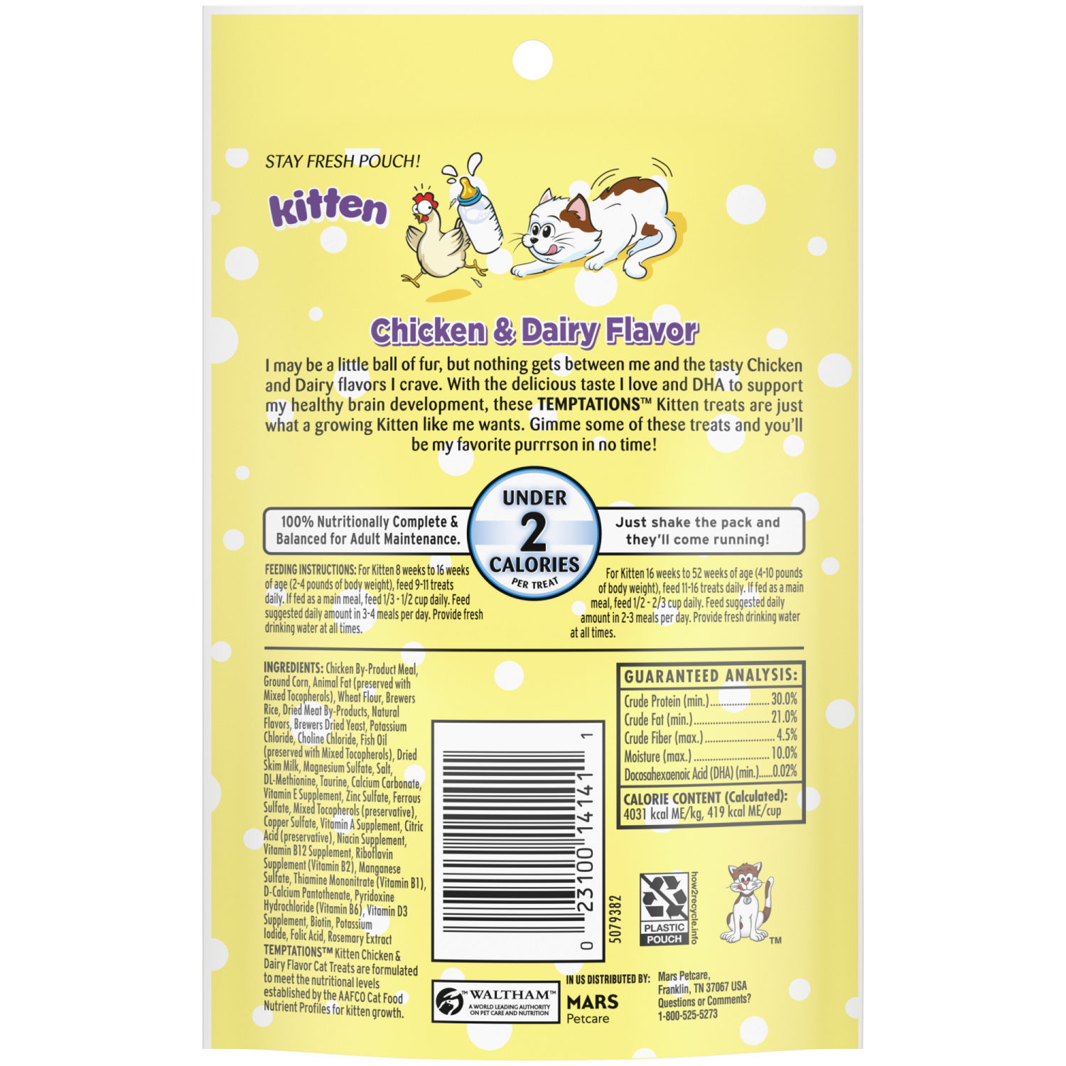 slide 4 of 5, TEMPTATIONS Chicken and Dairy Flavor Crunchy and Soft Kitten Treats, 3 oz