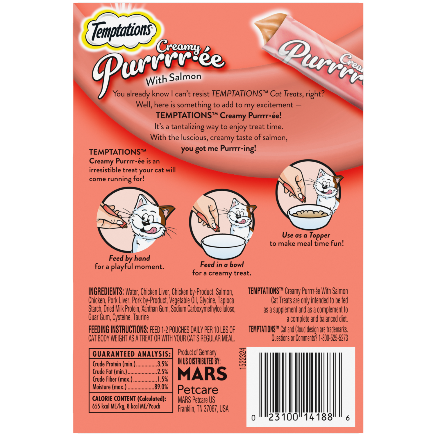 slide 6 of 8, Temptations Lickable Puree Savory Salmon Flavor Treats for Cats 16 - 0.423 oz Pouches, 16 ct