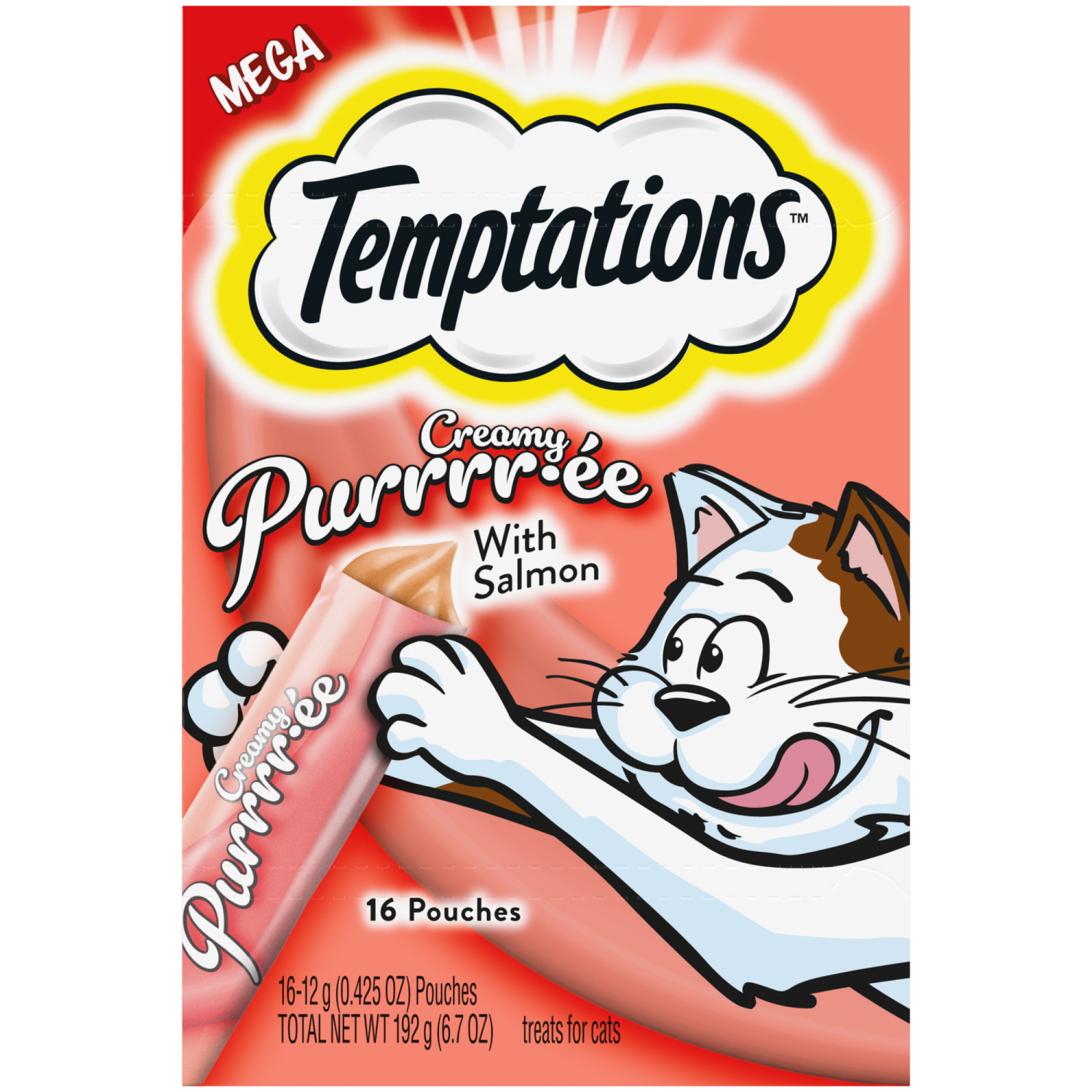 slide 1 of 8, Temptations Lickable Puree Savory Salmon Flavor Treats for Cats 16 - 0.423 oz Pouches, 16 ct