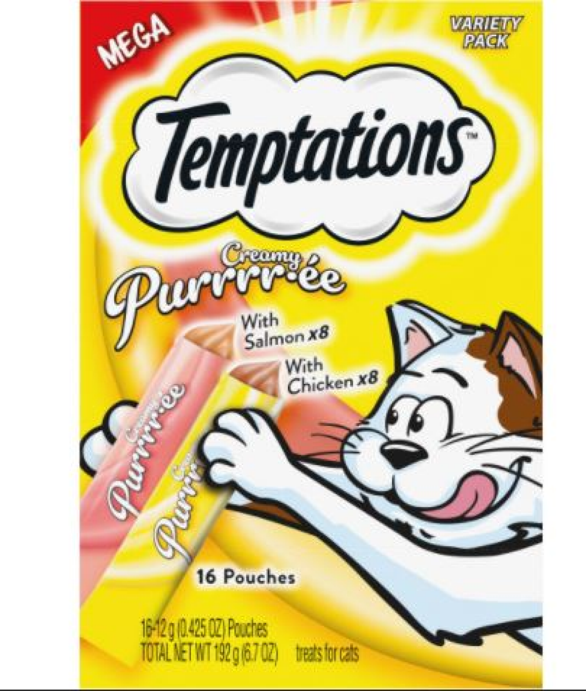 slide 1 of 17, Temptations Creamy Purrrr-ee Variety Pack Mega Treats for Cats Variety Pack 16 - 0.425 oz Pouches, 16 ct