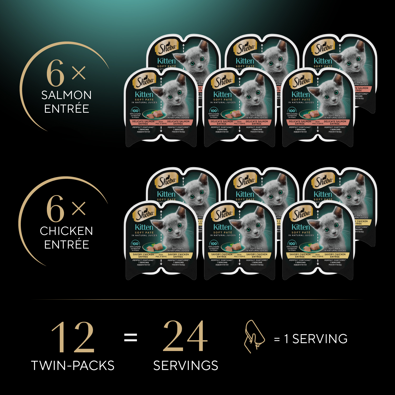 slide 5 of 7, Sheba Perfect Portions Soft Pate Premium Savory Chicken Entree/Delicate Salmon Entree Kitten Food Variety Pack Pack 24 ea, 24 ct