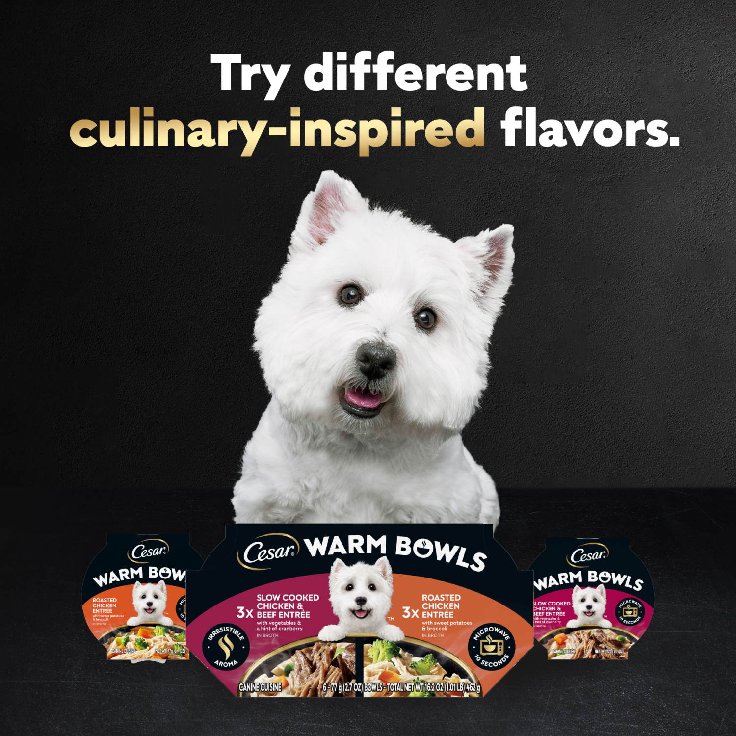 slide 5 of 8, Cesar Warm Bowls Slow Cooked Chicken & Beef Entree/Roasted Chicken Entree Canine Cuisine 6 - 77 g Bowls, 6 ct