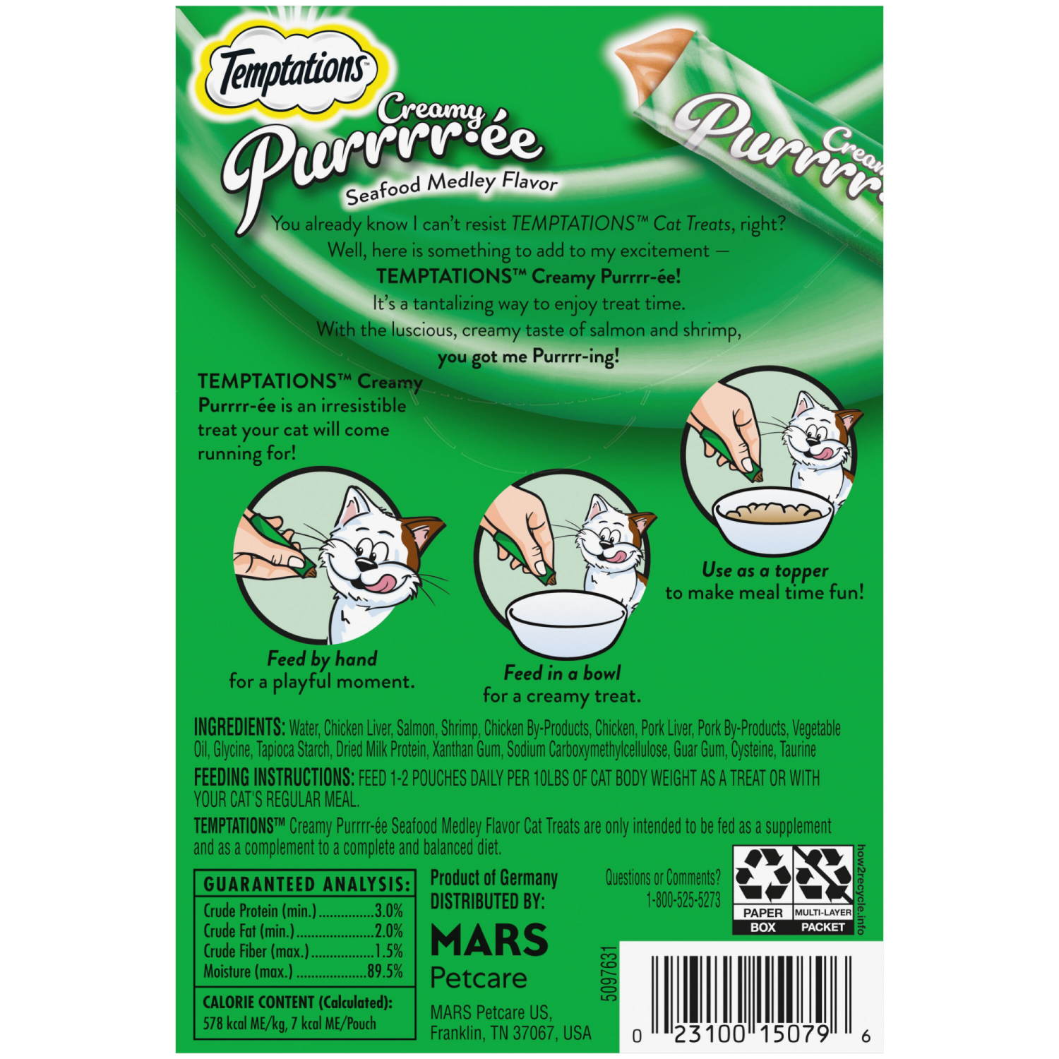 slide 6 of 8, Temptations Creamy Purrrr-ee Lickable Cat Treats Seafood Medley 4ct, 4 ct