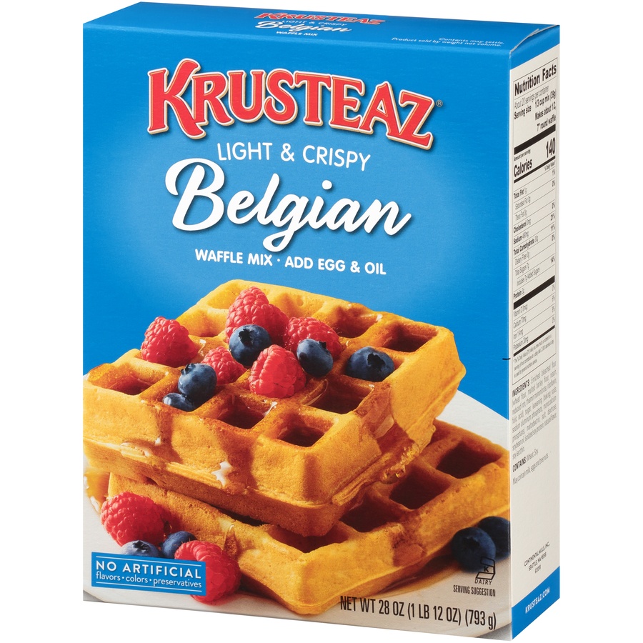 slide 2 of 8, Krusteaz Light & Crispy Belgian Waffle Mix, 28 oz