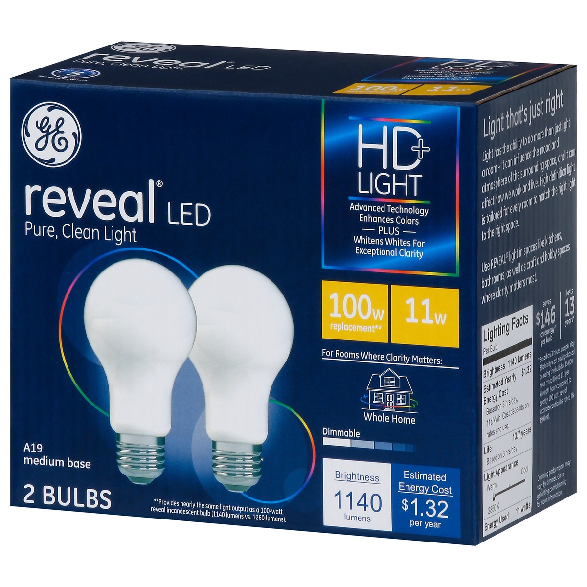 slide 7 of 9, GE Reveal 11 Watts HD+ LED Light Bulbs 2 ea, 2 ct