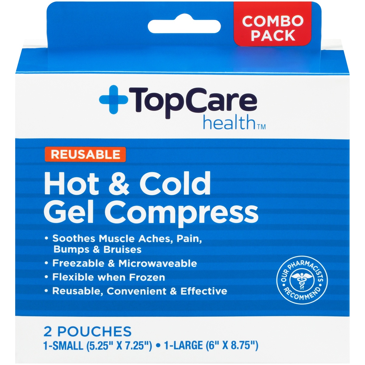 slide 1 of 1, TopCare Hot & Cold Gel Compress Soothes Muscle Aches, Pain, Bumps & Bruises Reusable Large Pouch, 2 ct