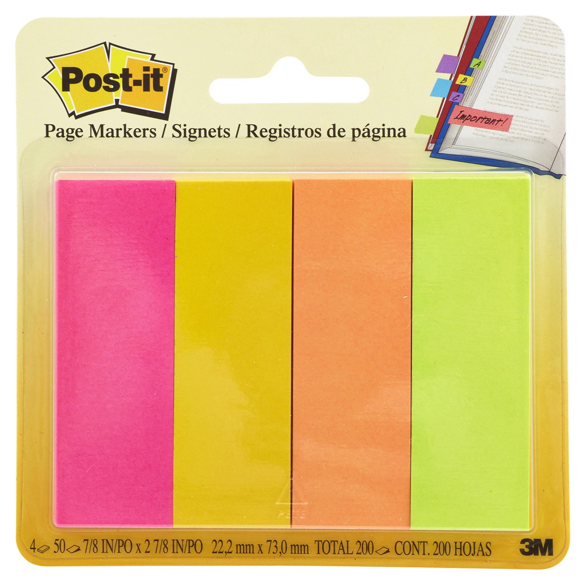 slide 1 of 5, 3M Post-it Page Markers, Assorted Colors, 1 in. x 3 in., 50 Sheets/Pad, 4 Pads/Pack, 1 ct