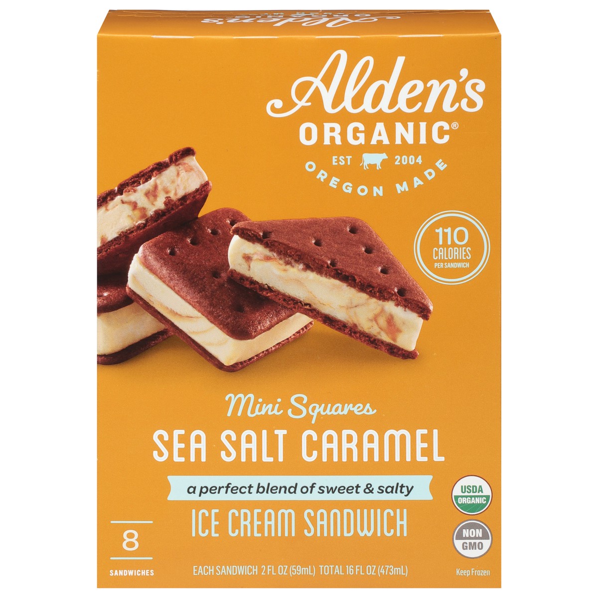 slide 1 of 11, Alden's Organic Mini Squares Sea Salt Caramel Ice Cream Sandwich 8 - 2 fl oz, 8 ct