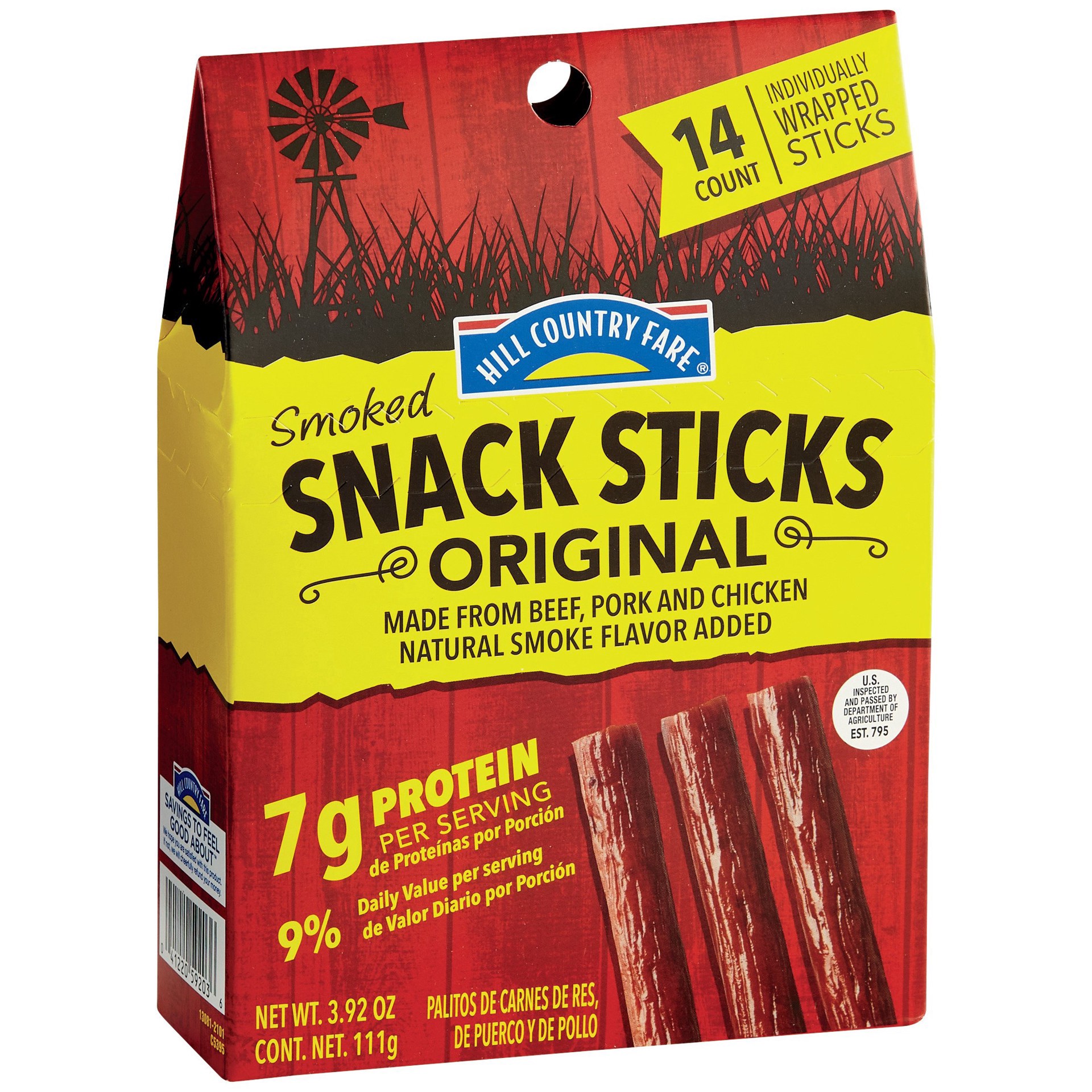 slide 1 of 1, Hill Country Fare 7g Protein Smoked Snack Sticks - Original, 14 ct