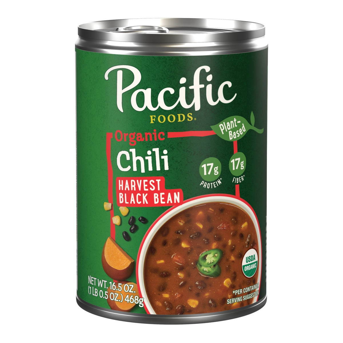 slide 1 of 5, Pacific Foods Organic Harvest Black Bean Chili, Plant Based, 16.5 oz Can, 16.5 oz