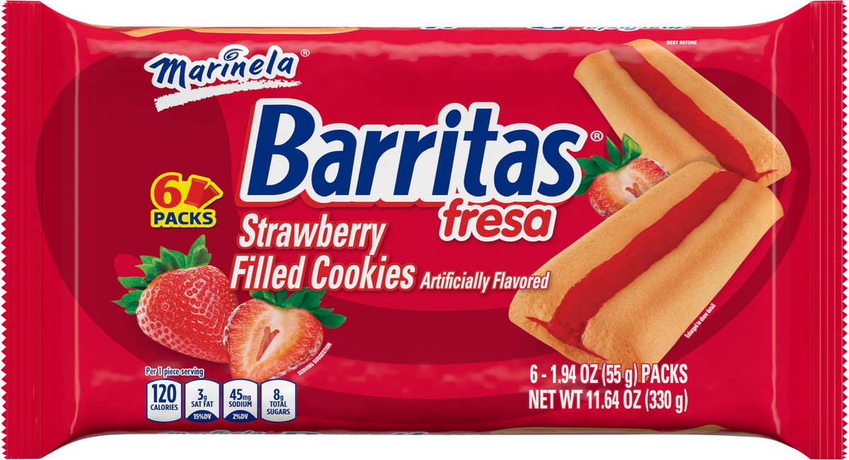 slide 7 of 11, Marinela Barritas Fresa Filled Cookies, 6 packs, Strawberry Cookie Bars, 11.64 oz Multipack, 6 ct